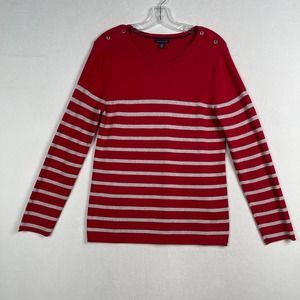 Tommy Hilfiger Women's XL Red Sweater‎ with Shoulder Buttons Shimmer Stripes